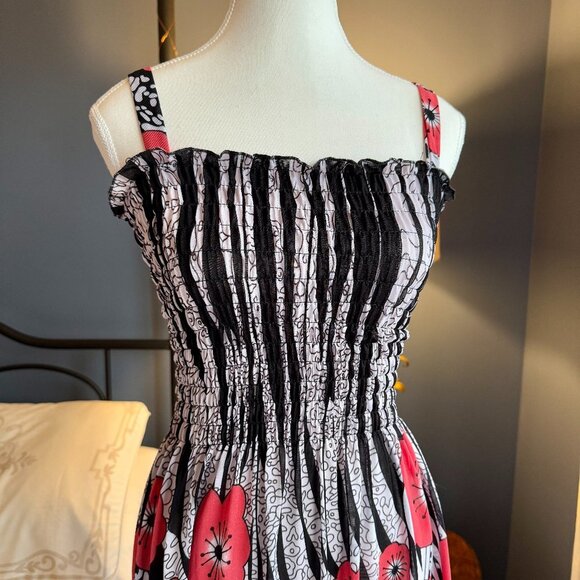 Black and White Striped with Red Poppies Ruched Cover Up Swim Dress NWT - Picture 2 of 7